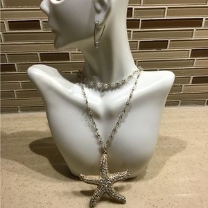 Large star fish gold tone pendant, bead necklace 16 inches.